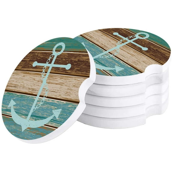 FMSHPON Theme Anchor Vintage Wood Grain Set of 4 Car Coaster for Drinks, Absorbent Ceramic Stone Coasters Cup Mat with Cork Base for Home Kitchen Room Coffee Table Bar Decor