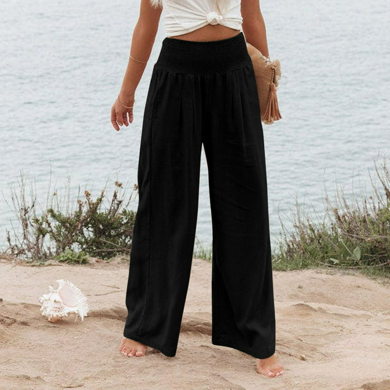 TQWQT Women's Wide Leg Linen Pants Drawstring High Waist Palazzo Pants  Flowy Beach Lounge Trousers with Pockets,Black XXL