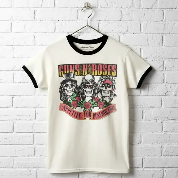 Guns n Roses Appetite for Destruction Ringer T Shirt (Ivory, AdultS)