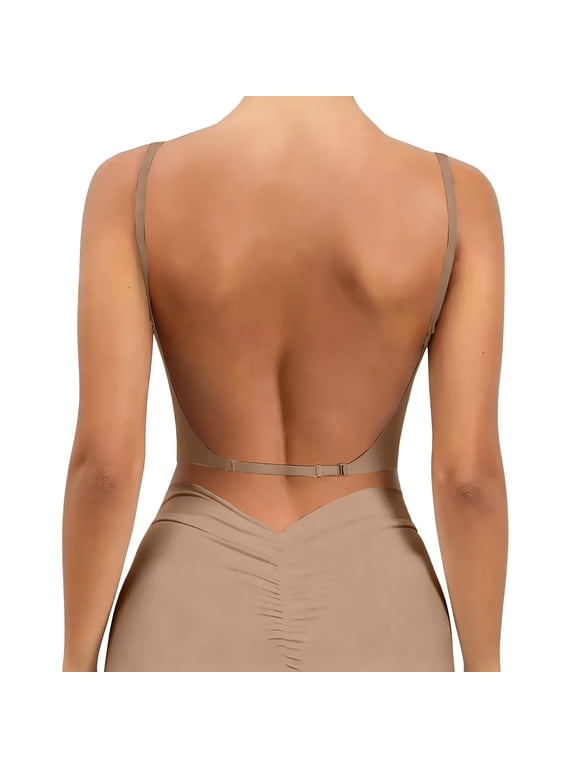 Women Deep Plunge Low Back Wireless Bra Seamless No Show Backless Bralette Adjustable Thin Strap Multiway Low Cut Support Brassiere Beige 38D