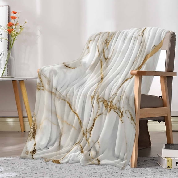 Fleece Blanket Abstract Marble Gold Stripe Art Blankets, Soft Cozy Warm Flannel Throw Blanket, Watercolor Natural White Stone Blanket for Bed Couch Sofa,30x40In