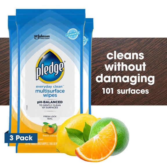 Pledge Everyday Clean Multisurface Wipes, Fresh Citrus, 25 Wipes, 3 Count Pack (75 Wipes Total)