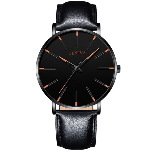 reloj hombre 2023, reloj minimalista ultrafino para hombre, reloj de cuarzo con correa de malla de acero inoxidable a la moda para hombre, reloj masculino reloj de cuarzo con esfera redonda negra de 40 mm y marcadores naranja, caja de acero inoxidable de 10 mm, correa de 20 mm y 23 cm de largo en acero inoxidable con cierre de hebilla; vista frontal centrada sobre fondo neutro; apto como accesorio casual diario.