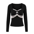 thumbnail image 4 of MYAOYI Womens Coquette Style Lace Trim Top Sweetheart Neck Long Sleeve, 4 of 7