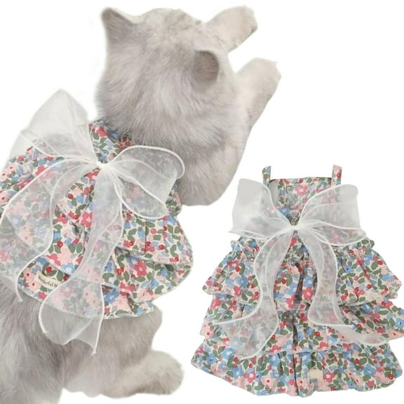 shenmeida Cat Dresses Puppy Flower Dress, Summer Floral Princess Dress, Cute Camisole Tutu Skirt for Small Medium Girl Cats Clothes