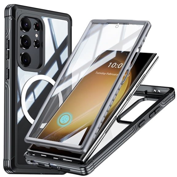 Allytech Clear Case for Samsung Galaxy S24 Ultra, [Built-in Screen Protector] Rugged PC   Soft TPU Full Body Protection Case Compatible with MagSafe, Slim Transparent Shockproof Dustproof Cover, Black