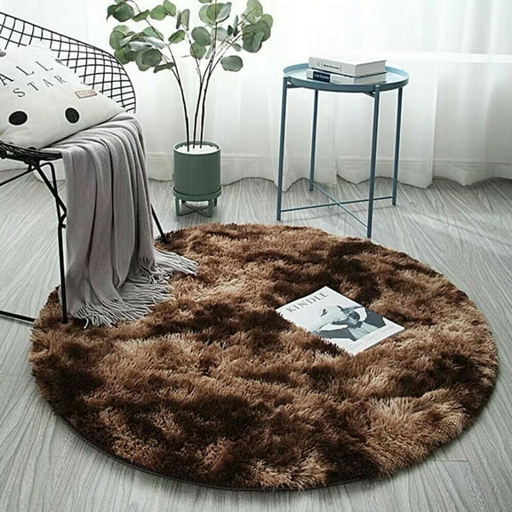 QFEI Round Fluffy Rug, Thick Faux Fur Rugs for Bedroom, Non-Shedding Fuzzy Shag Rug Runner, Washable Furry Area Rugs Floor Carpets for Bedside Living Room Brown 40CM