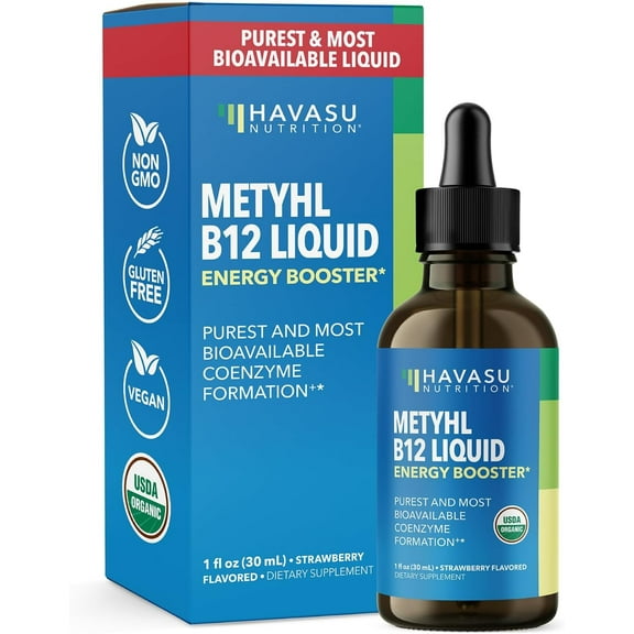 Havasu Organic Methylcobalamin Vitamin B12 Liquid Drops, Strawberry, 1 fl oz, 30 Servings