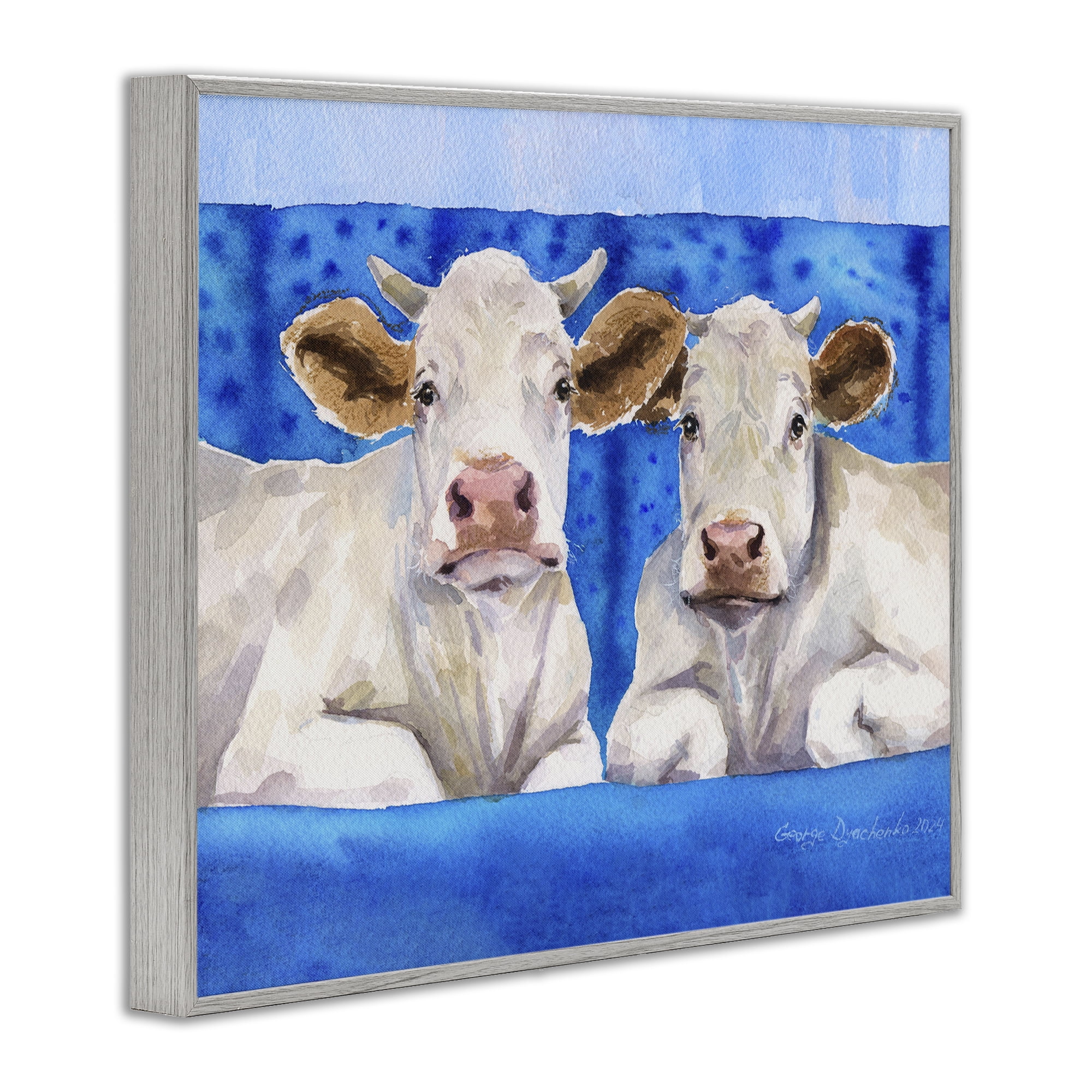 Stupell Industries White Cows on Blue Sofa Gray Framed Giclee Art, design by George Dyachenko