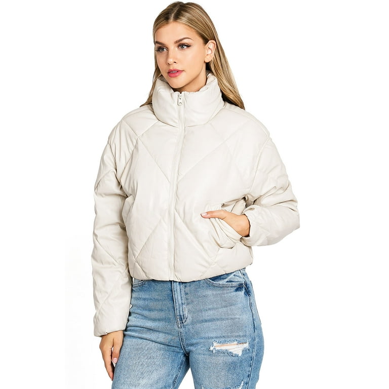 Love Tree Women s Juniors Faux Leather Cropped Puffer Jacket Small Off White