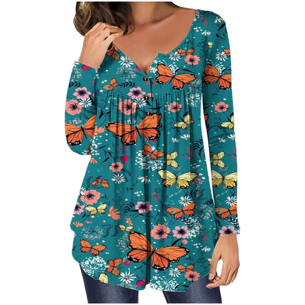 ICHUANYI Clearance Women Summer Fashion Casual Print Round Neck Loose Long Sleeve T-shirt Tops Blouse Pullover(Green, L) ICHUANYI WER2023081502868