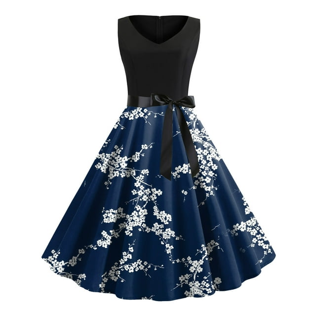Prolriy Robe de Cocktail Sans Manches Vintage Robes de Cocktail Vintage Robes de Soirée Robes de Mariage Robes de Bal Robes de Fête pour Femmes Robe de Réveillon du Nouvel An 2025 Bleu Foncé S