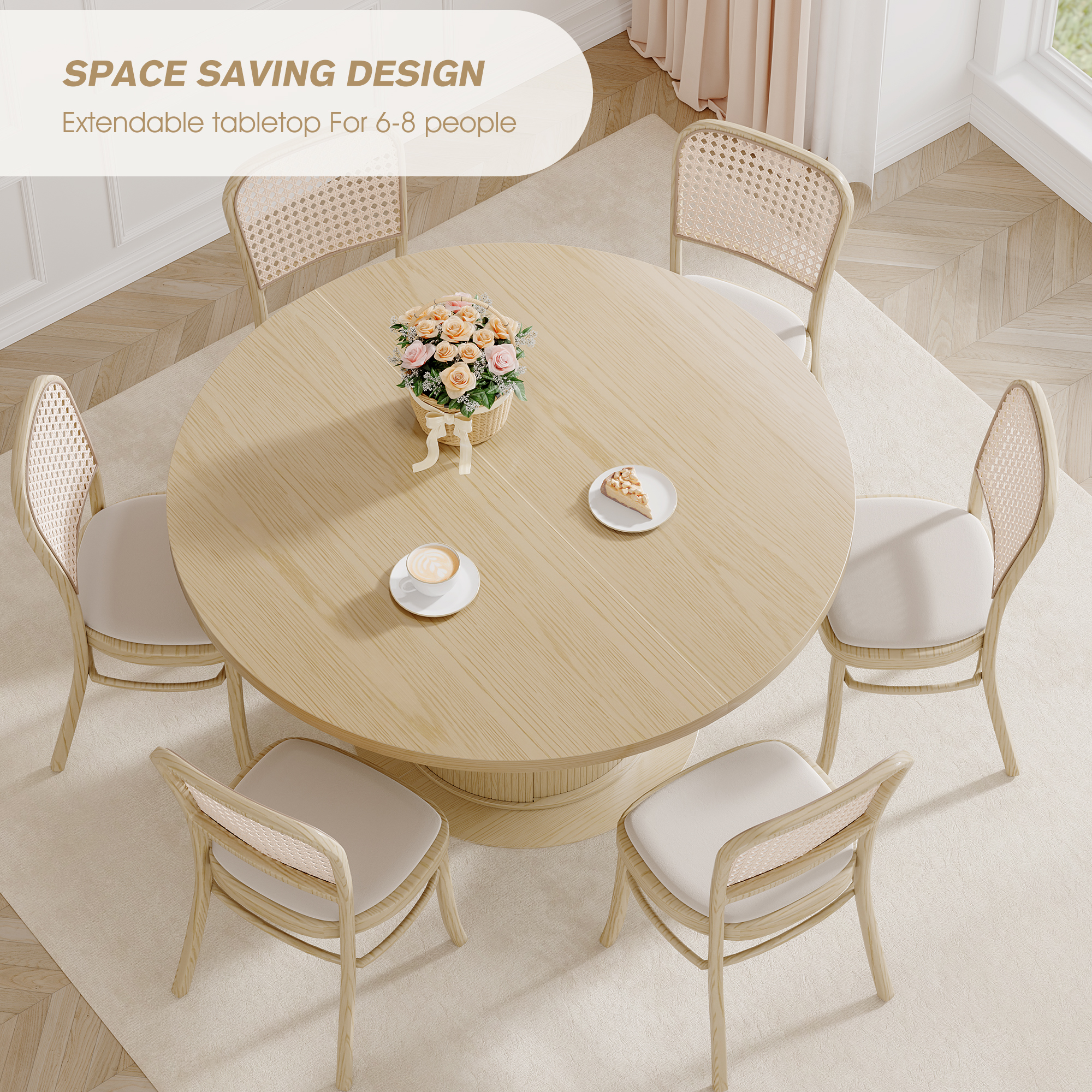 Round Dining Table for 4-8, Extendable Kitchen Dining Room Table 47"-63" With Storage, Mid Century Modern Oval Wood Dinner Table, Natural Oak