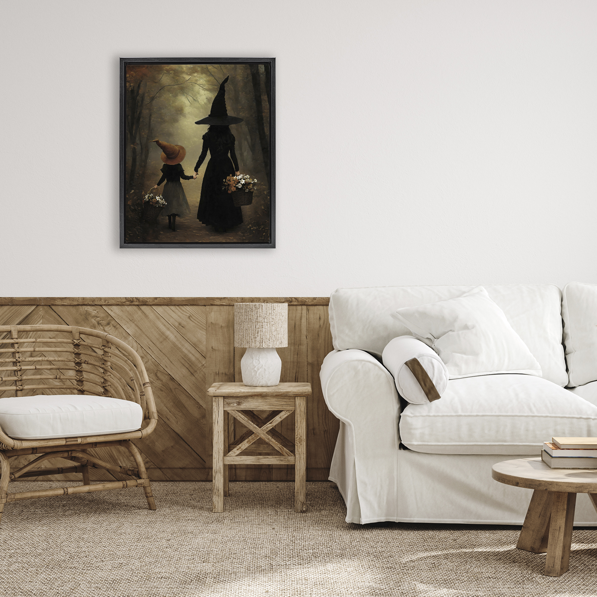 Witch & Daughter Mystical Forest Black Framed Floater Canvas Wall Art, design by Arlington Prints