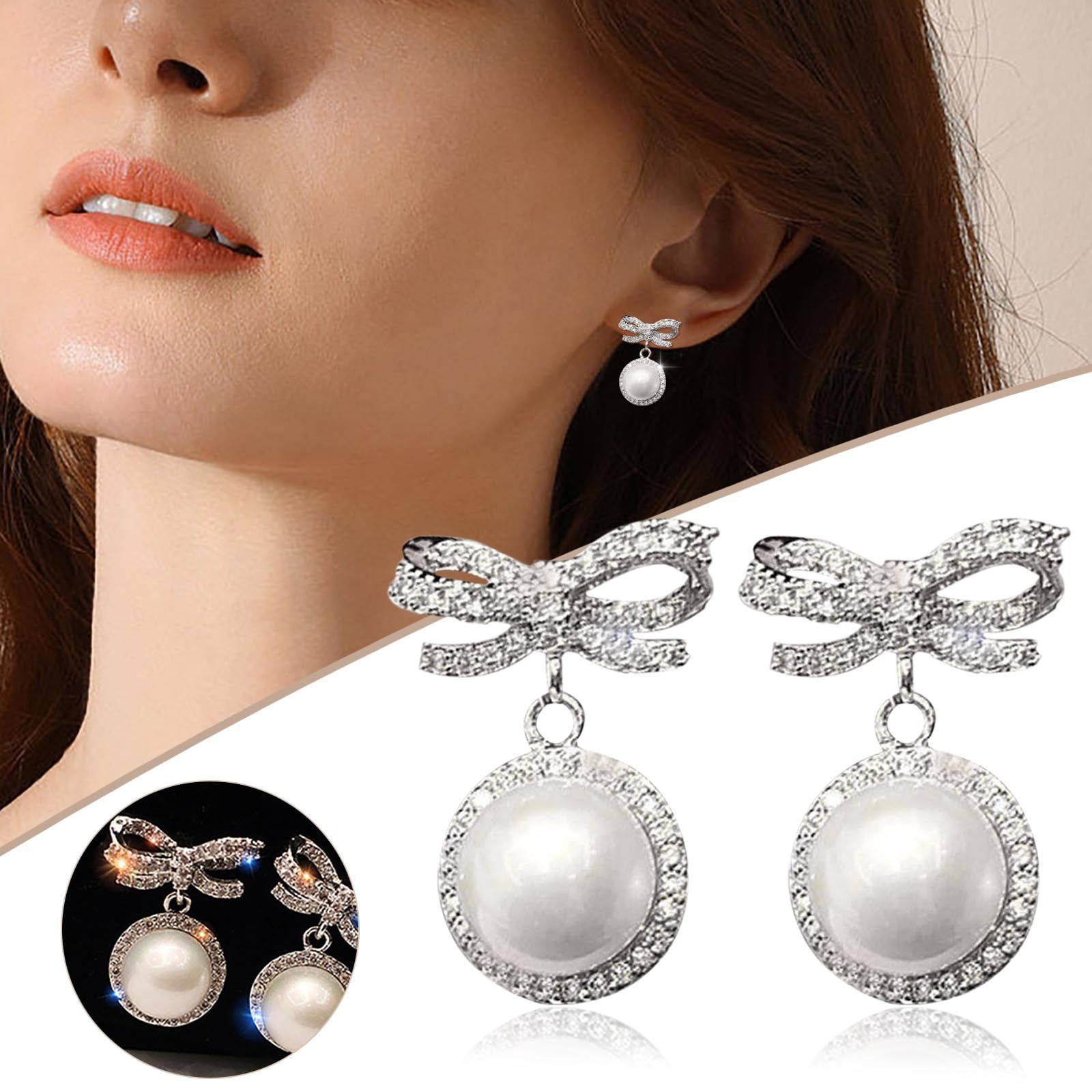 925 Sterling Silver Earrings Cubic Zirconia Style Ribbon Bow Cultured Pearl