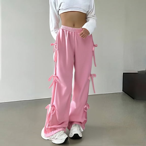 Women's Casual Pants Women'S Jogging Bottoms With Bow And Wide Leg Elastic Waistband Sweat Baggy Trousers With Pocket Country Trousers For Women,Red Women's Casual Pants S