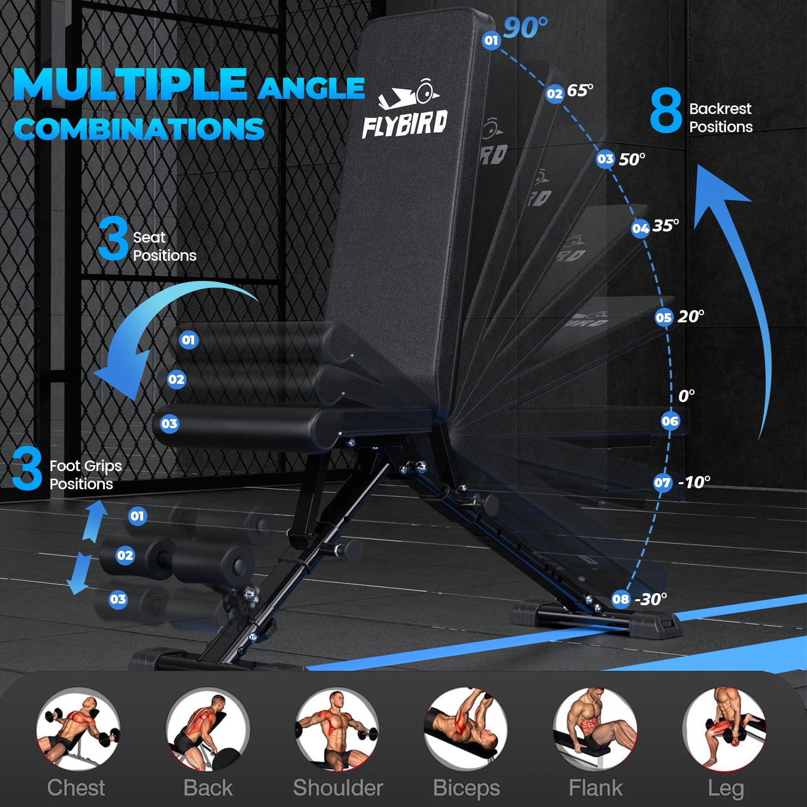 Flybird Collapsible Adjustable Weight Bench - Heavy Duty Foldable Fitness Exercise Utility, with 800 Lbs. Weight Capacity, Black