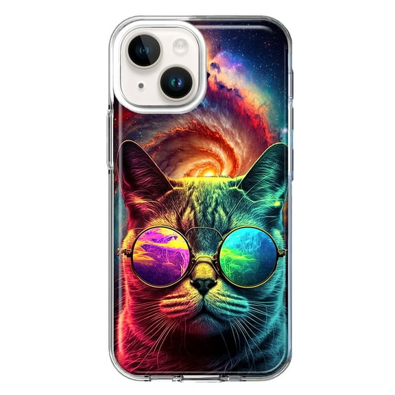 MUNDAZE Case for Apple iPhone 15 Hybrid Shockproof Slim Hard Soft TPU Shell Heavy Duty Protective Phone Cover - Neon Rainbow Galaxy Cat