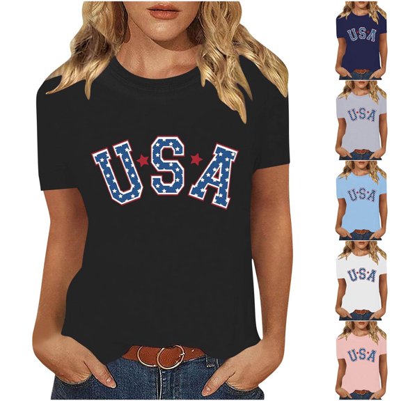 lcziwo Womens Shirts Cotton Comfy Casual Short Sleeve T-Shirt Patriotic Print Memorial Summer Crew Neck Tee Top Gray S