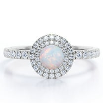 JeenMata 1.75 Carat Round Cut Australian Opal and Moissanite - Double Halo - Pave Setting Engagement Ring - 18K White Gold Plating over Silver