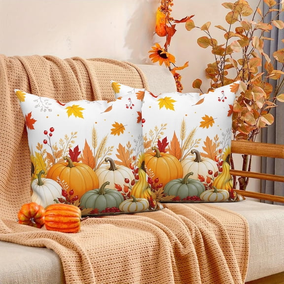 DaShan Fall Orange Pumpkin Throw Pillow Covers 18x18 Set of 2,Autumn Maple Leaves Linen Pillowcase Cushion Cover for Home Sofa Couch