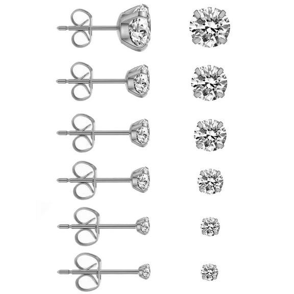 Silver Stud Earrings 6 Pair Stainless Steel Round Cubic Zirconia for Men Women