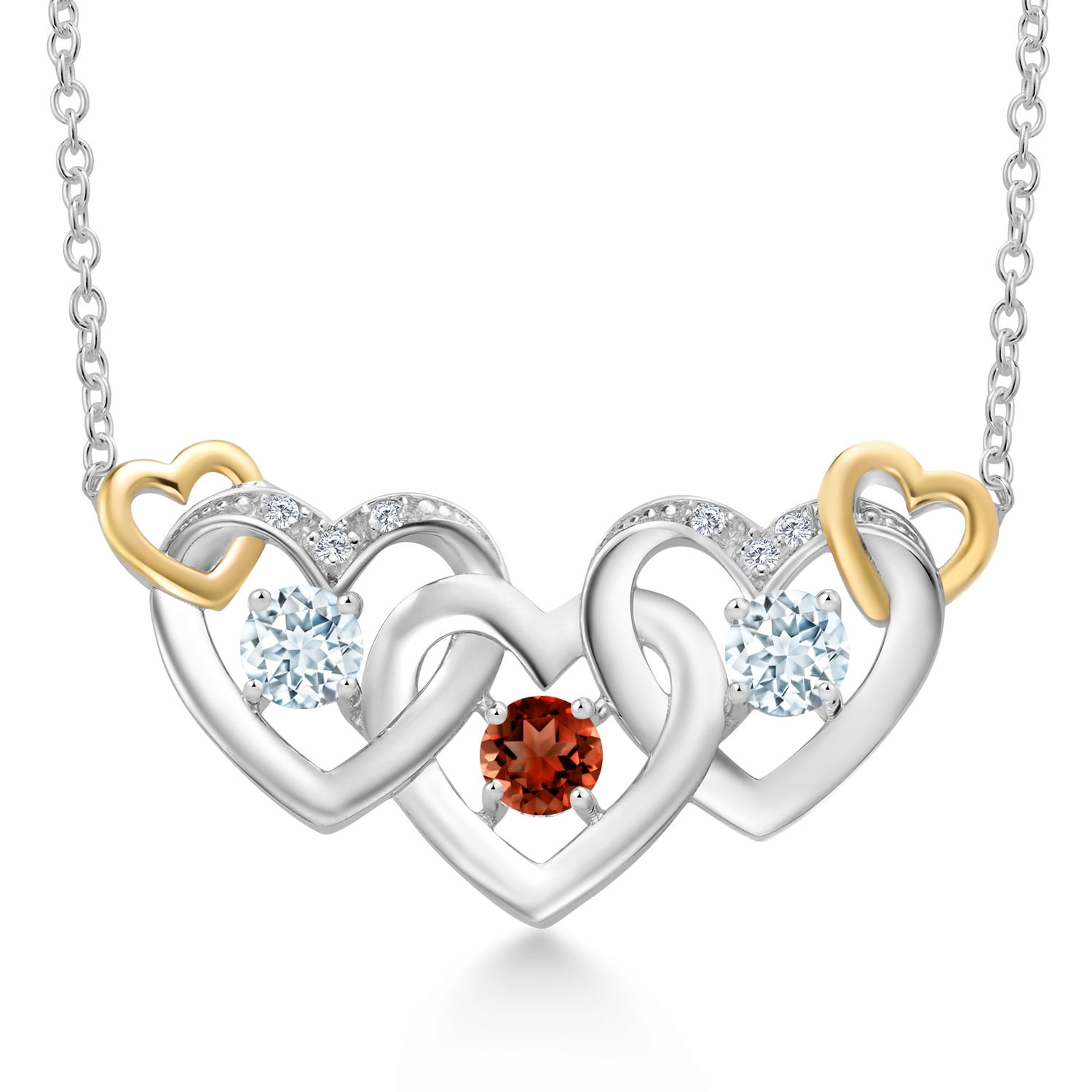 Gem Stone King 925 Silver and 10K Yellow Gold Red Garnet Sky Blue Aquamarine and White Lab Grown Diamond Heart Shape Pendant Necklace for Women (0.93 Cttw, with 18 inch Chain)