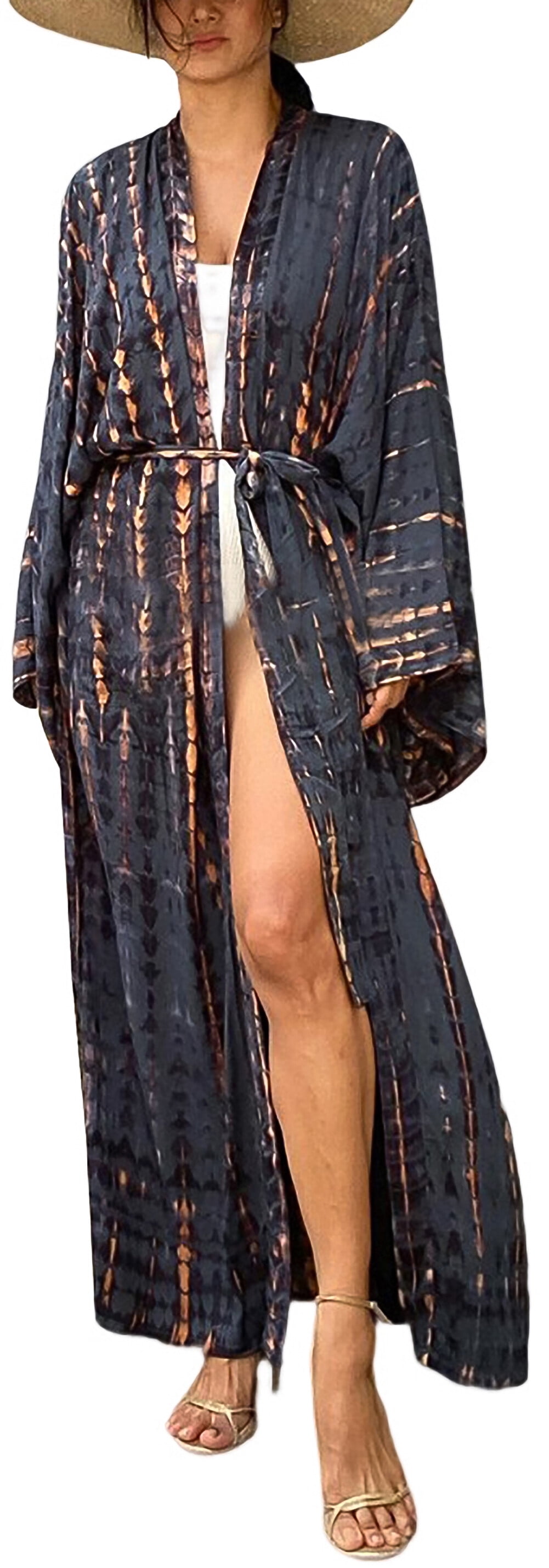 Finoceans Women's Floral Kimono Cardigan - Tie Dye Chiffon Beach Cover Up & Boho Top