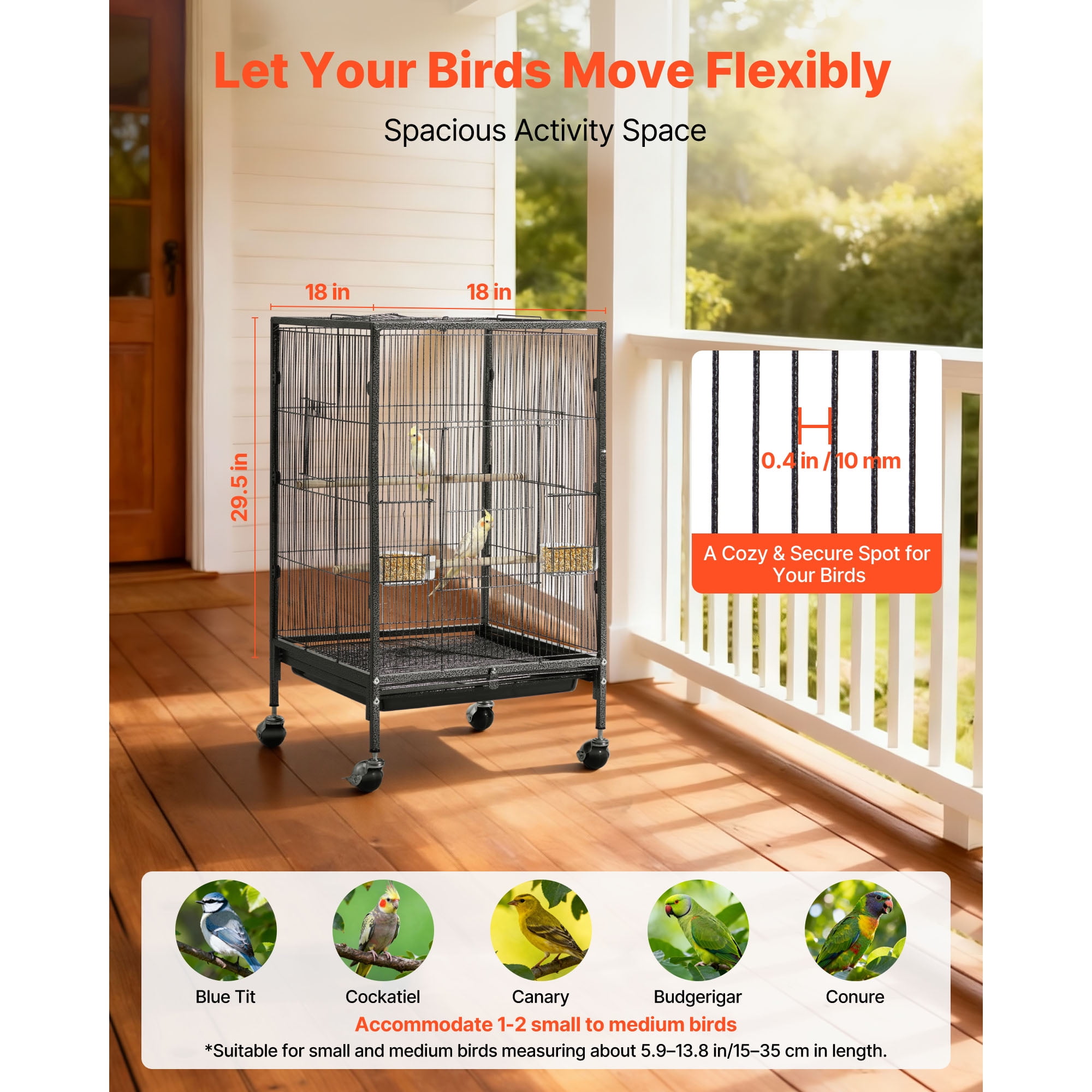 KFFKFF Bird Cage, 18 x 18 x 30 inch, Open Flat Top Design, Durable Wrought Iron Construction with Perches, Removable Tray, Feeders, and Wheels, Suitable for Parrots, Blue Tits, Cockatiels, Canaries