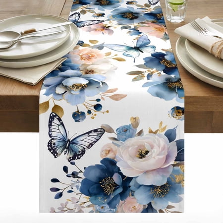 Spring Flowers Cotton Linen Table Runner Vintage Country Watercolor White Blue Floral Leaf Butterfly Dining Table Runners for Home Decor Party Dining Room Restaurant Kitchen 13 x 108