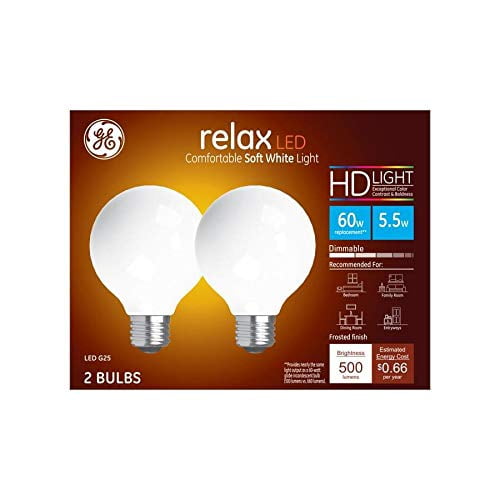 GE Relax LED G25, 60 watt equivalent, Soft White, Dimmable, candelabra