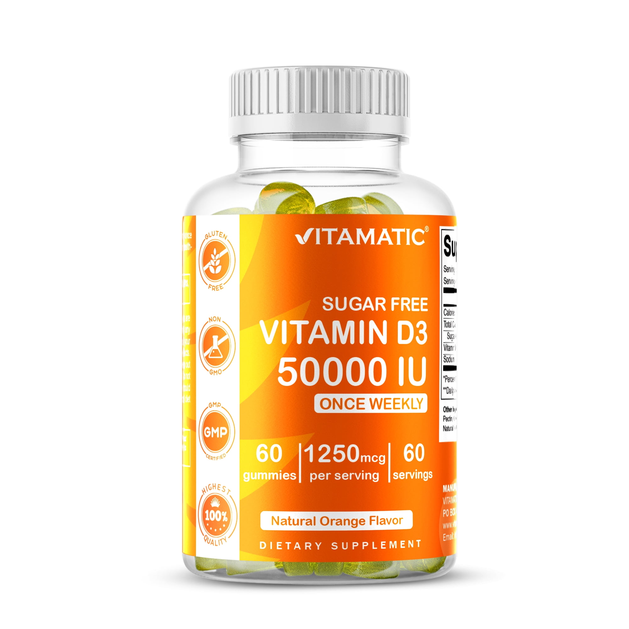 (3 pack) Vitamatic Sugar Free Vitamin D3 50,000 IU Weekly Supplement - 60 Pectin Based Gummies