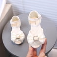 thumbnail image 3 of Sandals for Girls Rhinestone Buckle Bow Open Toe Princess Dress Shoes Summer Comfortable Footbed Ankle Strap Flat Shoes Beige 11 Little Kid, 3 of 5