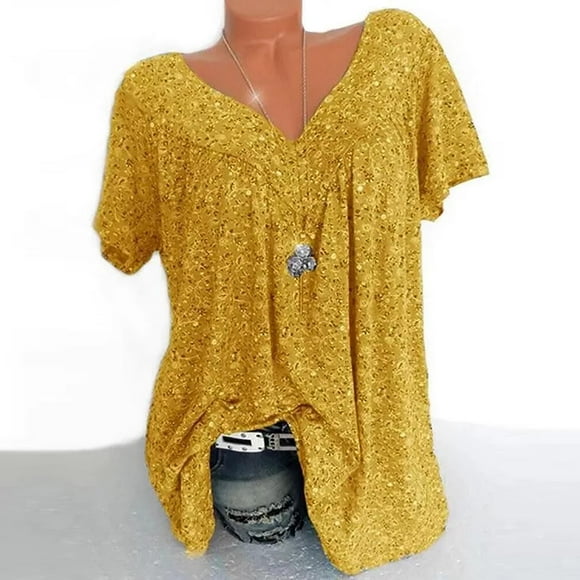 Women's Casual Boho Floral Printed V Neck Tunic Tops Plus Size Short Sleeve Pleated T Shirt Blouses S-22XL