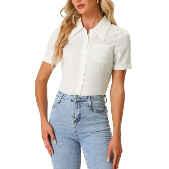 BLUSA DE COLLAR ELEGANTE PARA MUJERES CHIC DE INSPIRE, MANGA CORTA, CAMISA SATINADA CON BOTONES PARA TRABAJO EN OFICINA, L BLANCA