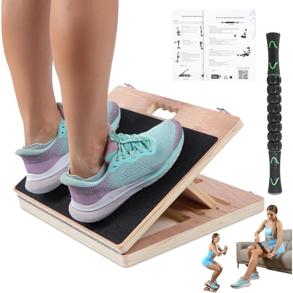 14? Wide Professional Portable Eucalyptus Slant Board, thicker bottom board,  Stretching -  Adjustable Wooden  Stretcher Slant Board with Bonus  Roller for Squats & Exercise