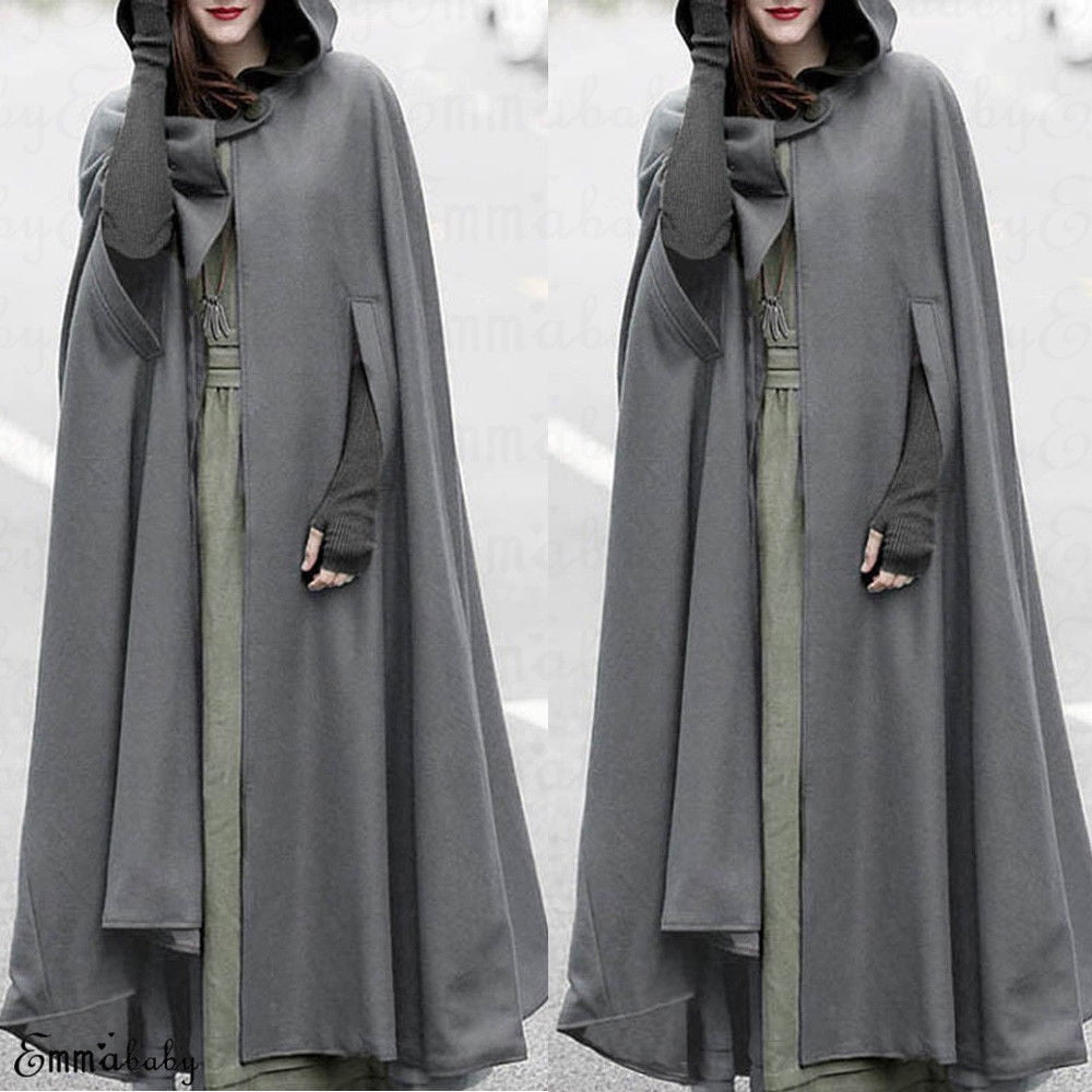 Womens Retro Red Riding Cape Coat Hooded Woolen Cosplay Ethnic Long Cloak Jacket 