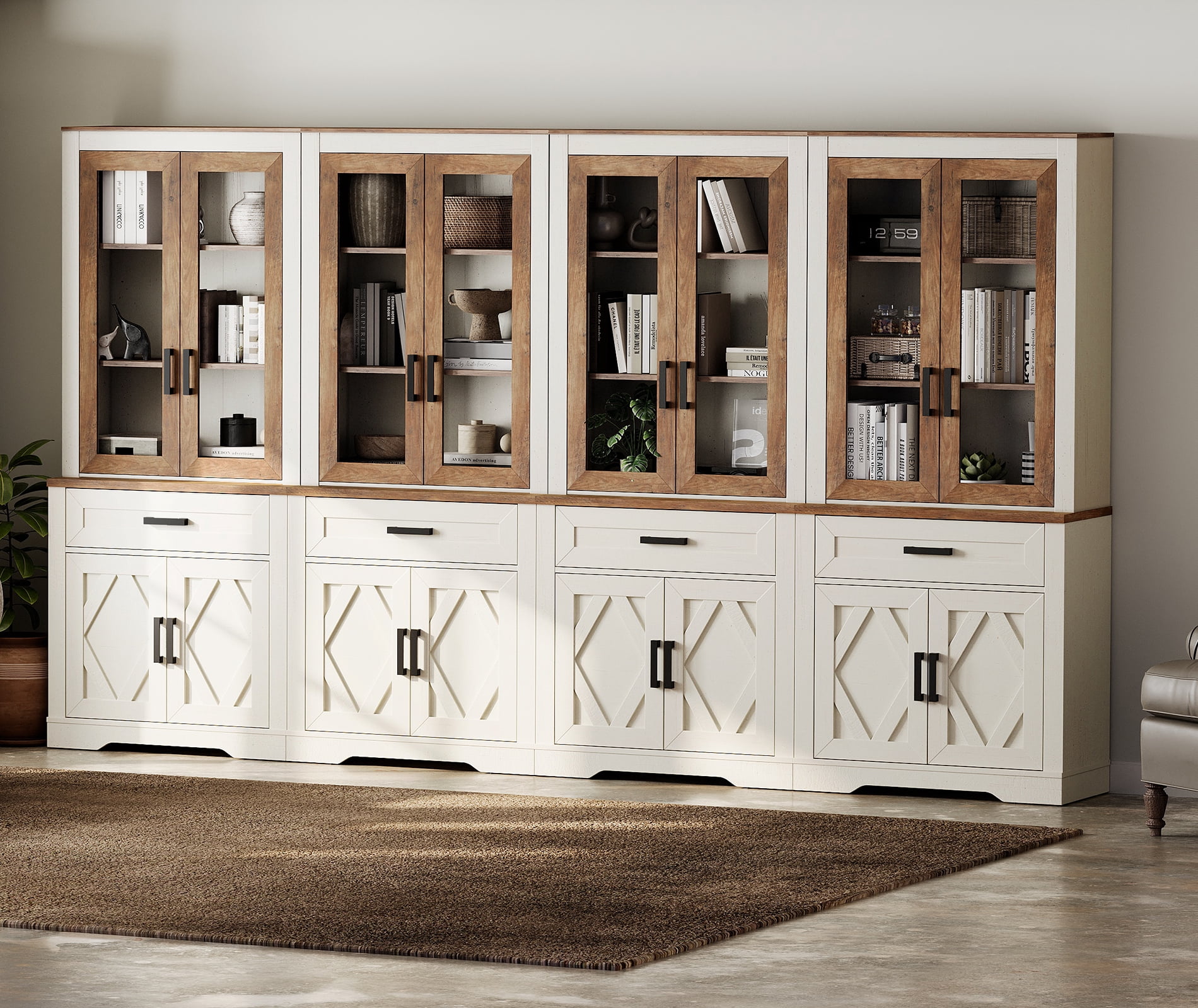 WAMPAT 4 Column 5 Tier Bookcase with Drawer,73.3" Tall Floor Standing Bookshelf,Modern Farmhouse Display Storage Cabinet with Adjustable Shelves for Living Room,White Oak
