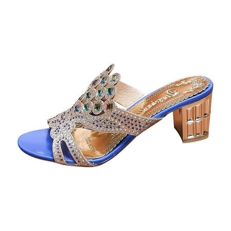 

TUOBARR Heels for Women Women s Comfortable Shoes Metal Sandals Flat Bottom Beaded Fashion Slippers Blue