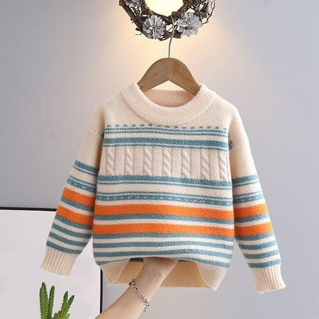 

Cethrio Winter Sweaters for Boys Knit Cotton Crew Neck Stripe Warm Kids Tops Orange Size 3-4 T