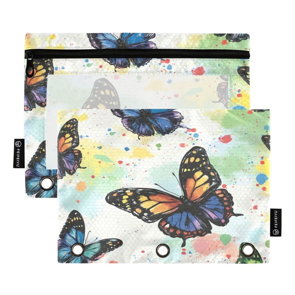 2 Pack 3 Ring Binder Pouch with Clear PVC Window Water Resistant Zipper Pencil Pouch Colorful Butterfly Binder Pocket for Classroom Office Home Stationery Organization