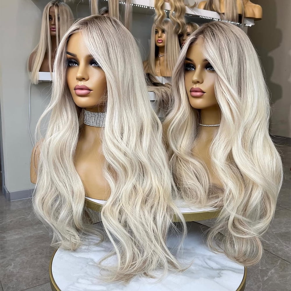 Summer Glacier Platinum Blonde Invisible Root Smudge Brazilian Virgin Human Hair Wig 180% Density Body Wave T Part Lace Wigs Human Hair Pre Plucked Natural Hairline Wig Human Hair With Baby Hair