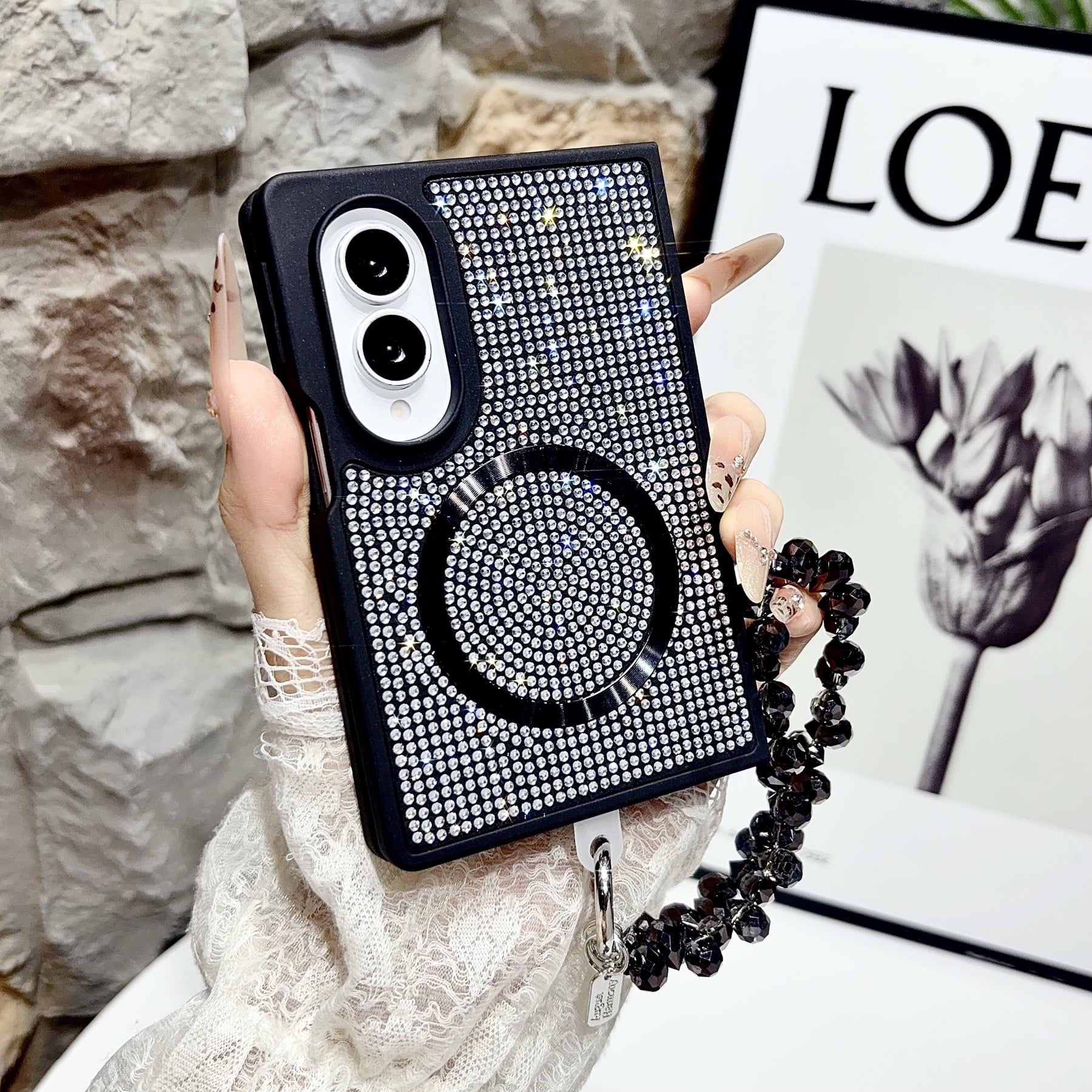for Samsung Galaxy Z Fold 8 Bling Protective Women Case, Glitter Sparkly Hard PC Shell with Wrist Strap, Magnetic Wireless Charging Ultra Slim Shockproof Cover for Samsung Galaxy Z Fold 8, Black
