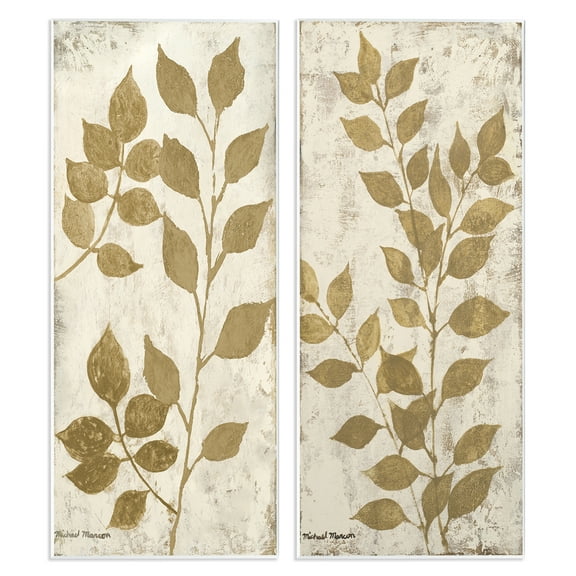 Stupell Industries Distressed Natural Leaves Floral & Botanical Painting Unframed Art Print Wall Art, 7 x 17, Set of 2