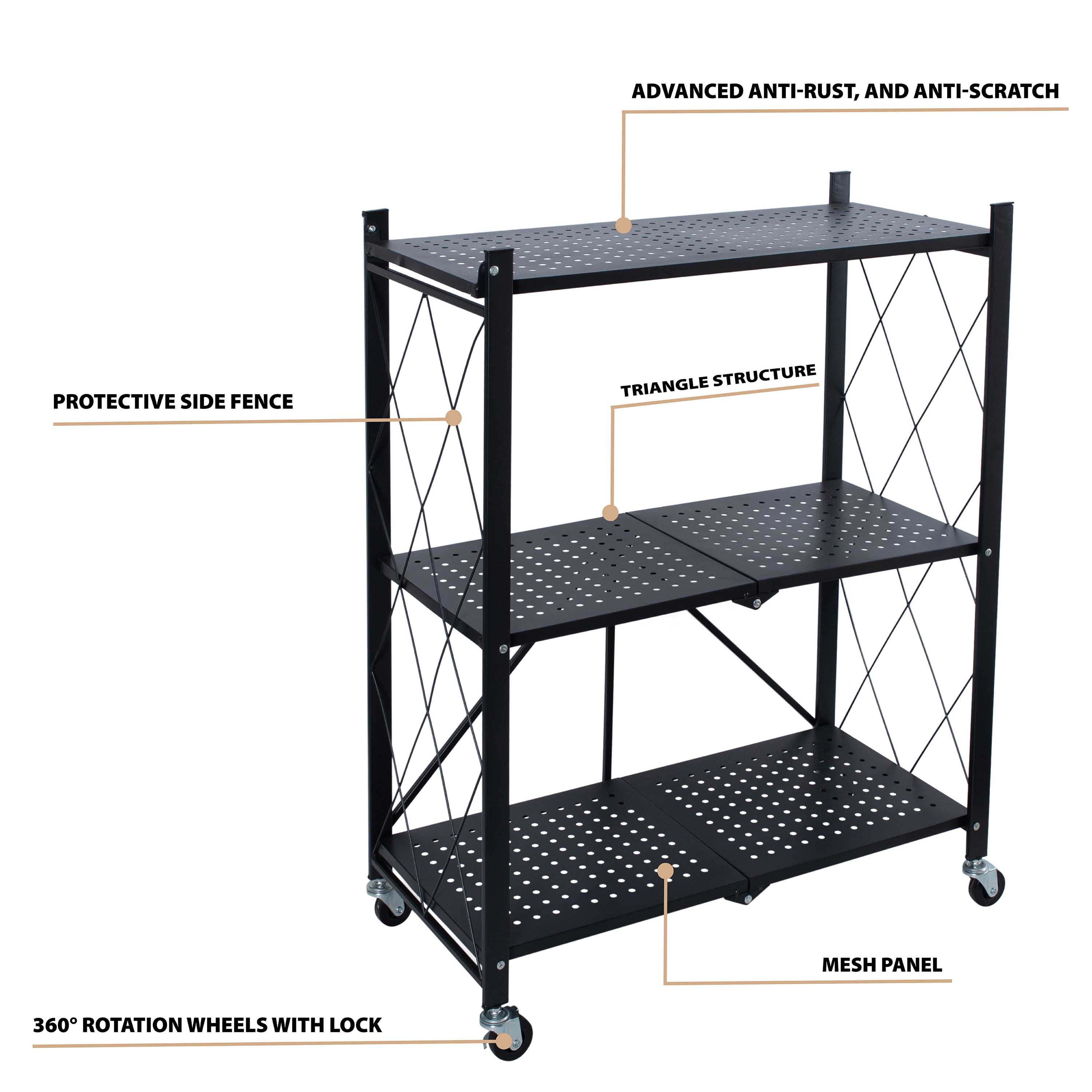 Organize It All 3 Shelf Foldable Metal Storage Shelves, Wheels, Adult, Kitchen, Laundry Room, Black