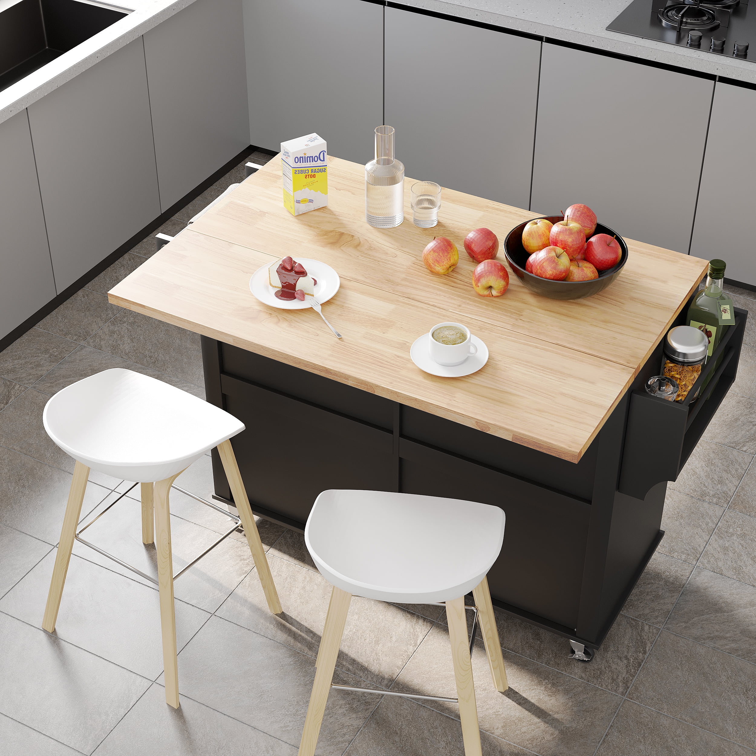 CAIDI Rolling Kitchen Islands with Adjustable Shelves, Wood Composite Black, 5.20 in