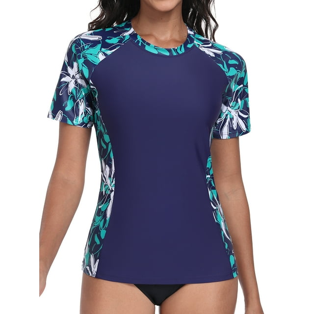 Charmo Color Blocked Swimsuit Tops for Womens Sun Protection UPF 50+ Rash Guard Quick Dry Running Swim Shirts