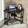 thumbnail image 3 of VECELO Corner Computer Desk with Keyboard Tray and Storage Shelf, Home Office Study Workstation Table , Black, 3 of 7