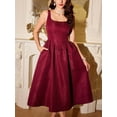 thumbnail image 2 of Burgundy Vintage Jacquard Fit & Flare Midi Dress With Pockets Elegant Party Holiday Dress, 2 of 7