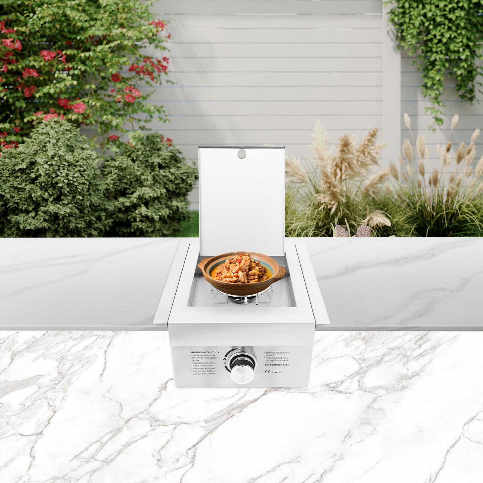 Grilling Side Burners, Propane Gas Stove, 304 Stainless Steel Single Burner Gas Stove with Cover, 3.5KW Output for LPG, Built-in or Countertop Installation, for Outdoor Kitchen, BBQ